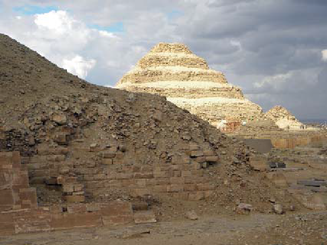 A photograph taken from the area immediately south of the Unas pyramid, visible in the foreground
