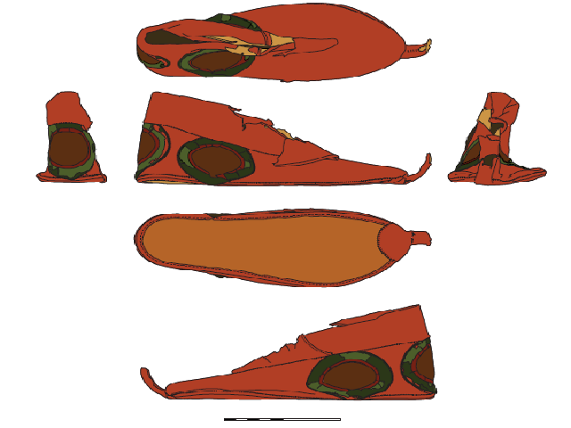 Left shoe of the pair EgCa 5174/5175 in A) Dorsal; B) Medial; C) Ventral; D) Lateral; E) Posterior and F) Anterior views